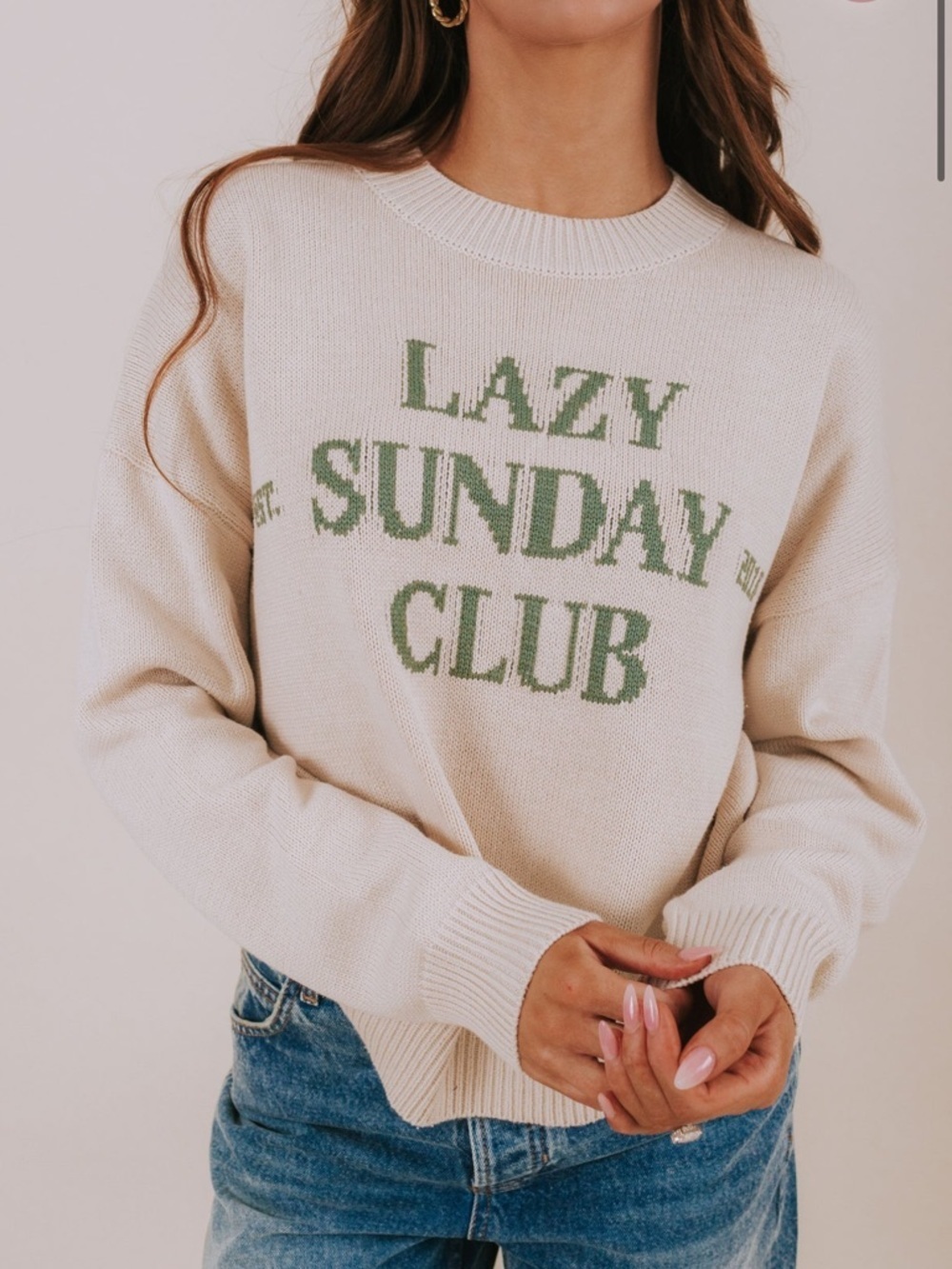NWT Sunday Edition Creme & Green Lazy Sunday Club Sweater. Size M. Retail $64